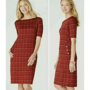 J. Jill Womens Ponte Knit Red Plaid Windowpane Shirt Sleeve Shift Dress Sz Large